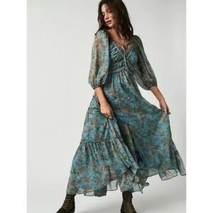 Free People You're A Jewel Printed Soaring Swallow Floral Maxi Dress Size M or L